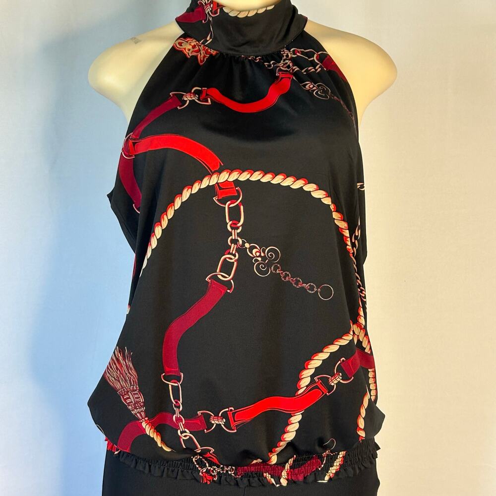 INC International Chain Print Halter Top Black Red Scarf Style Blouse Size L